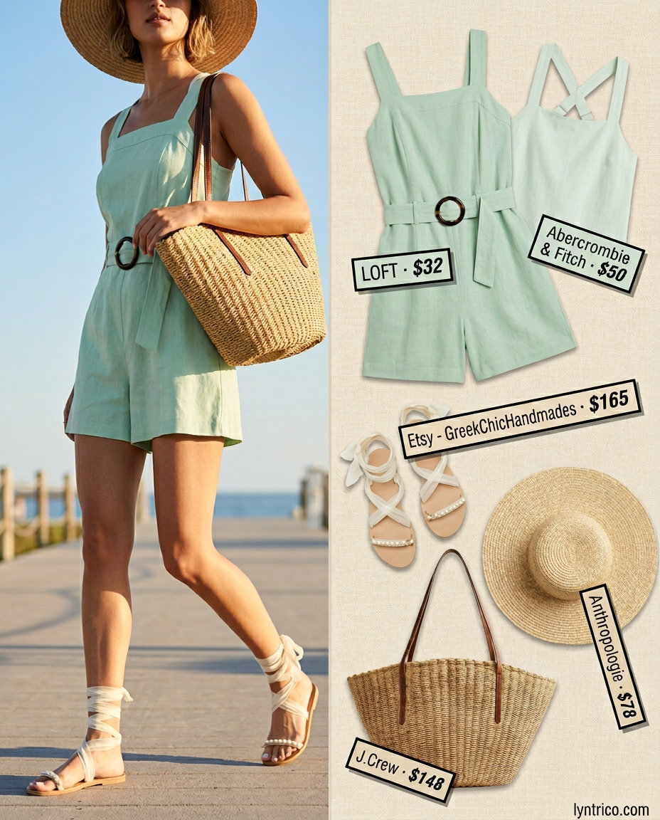 Mint green linen matching set outfit for women 2026, perfect for beach vacation with straw hat.