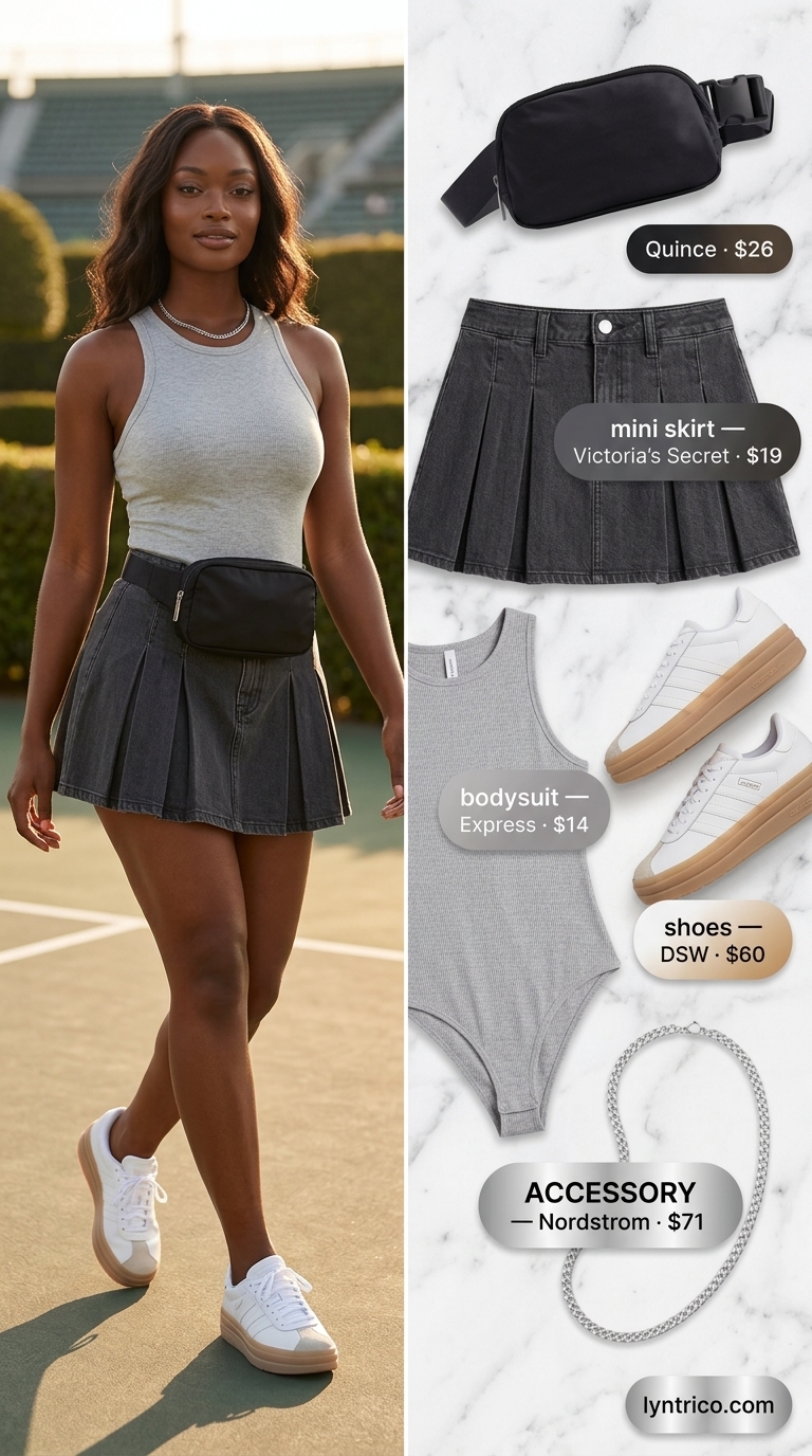 Tennis mini skirt outfits summer 2026: Olive cargo pants, bodysuit, sneakers for urban exploration.
