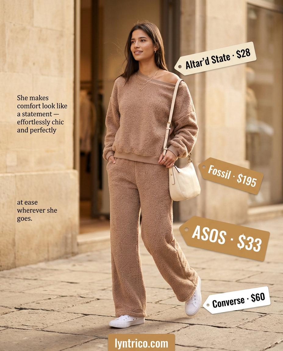 Baggy oversized summer outfit for women 2026: Beige knit matching set with crossbody bag and sneakers for casual day.