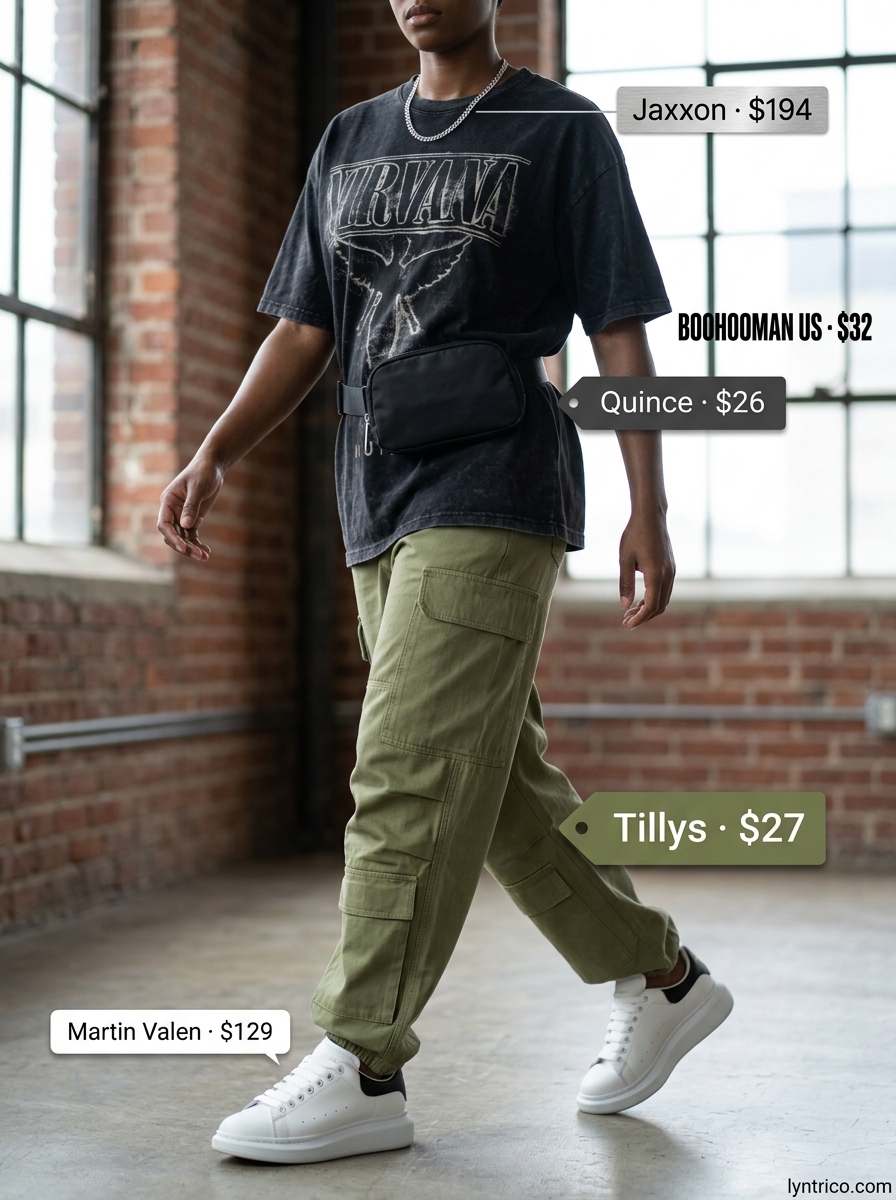 Baggy oversized summer outfit for women 2026: Olive cargo pants, graphic tee, chunky sneakers, and belt bag.