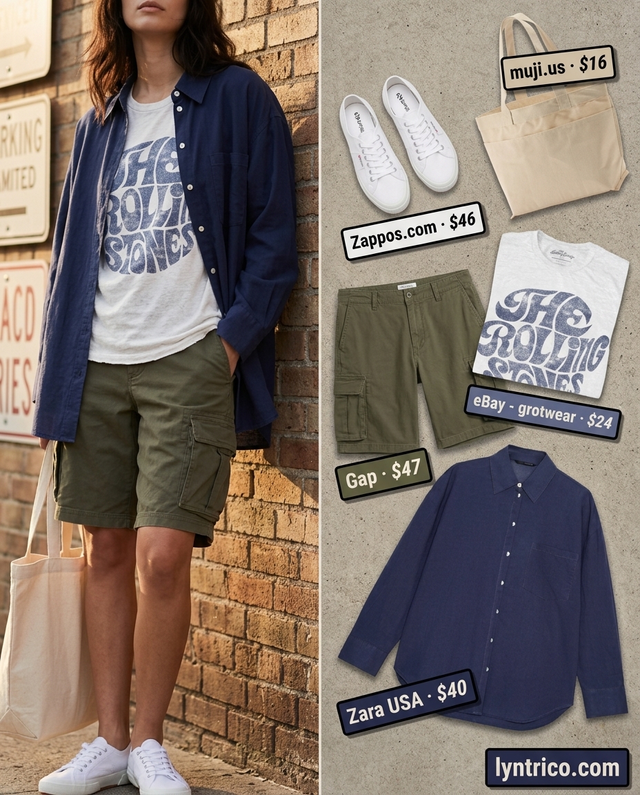 Baggy oversized summer outfit for women 2026: Olive cargo shorts with oversized shirt, graphic tee, and canvas tote.