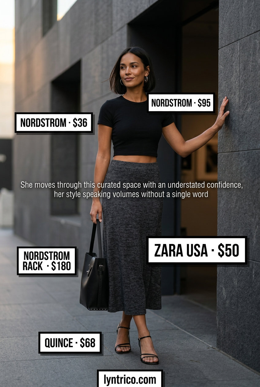 Baggy oversized summer outfit for women 2026: Charcoal midi skirt with black knit top and heeled sandals.