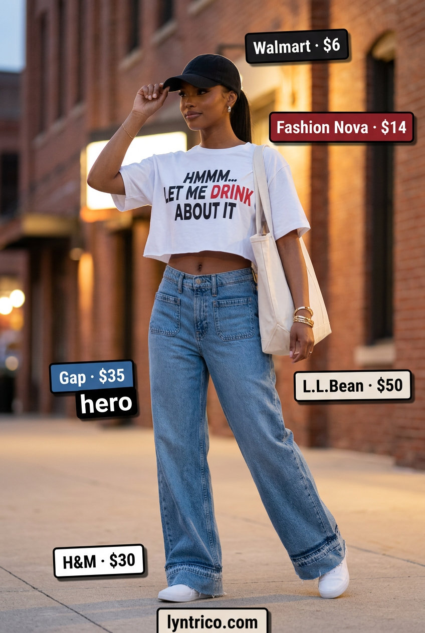 Baggy oversized summer outfit for women 2026: Relaxed jeans, graphic tee, sneakers & cap for casual outing.