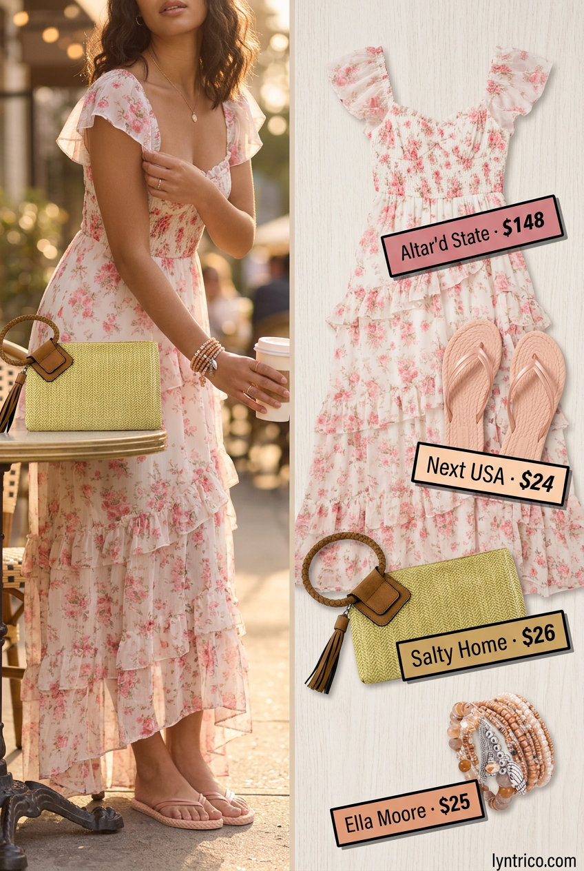 Baggy oversized summer outfit for women 2026: Coral floral maxi dress, straw clutch, and braided sandals.