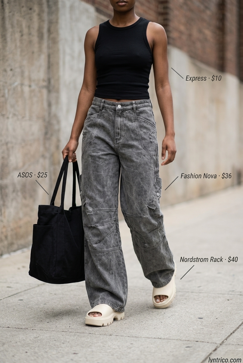Baggy oversized summer outfit for women 2026: Stone grey cargo pants with black tank and chunky sandals.