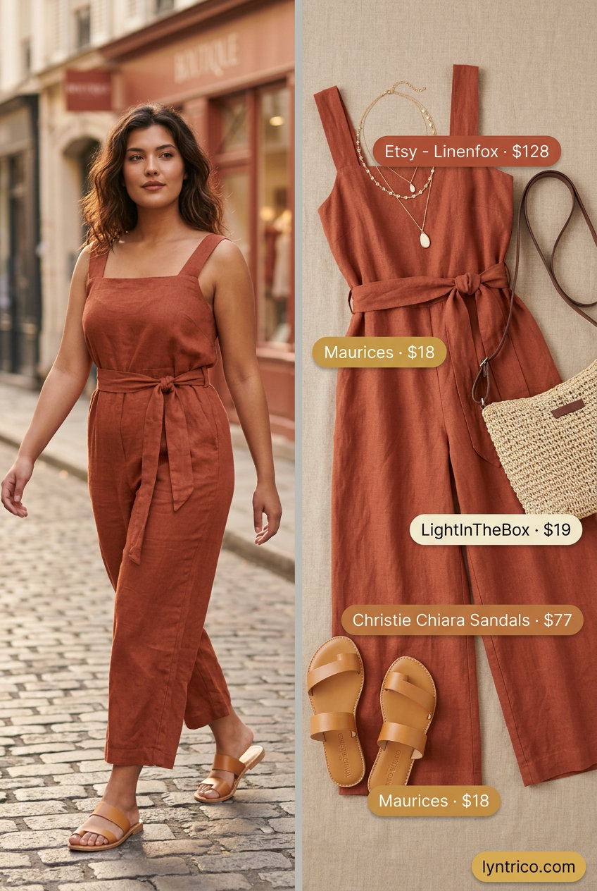 Baggy oversized summer outfit for women 2026: Terracotta jumpsuit, straw crossbody, layered necklaces, and sandals.