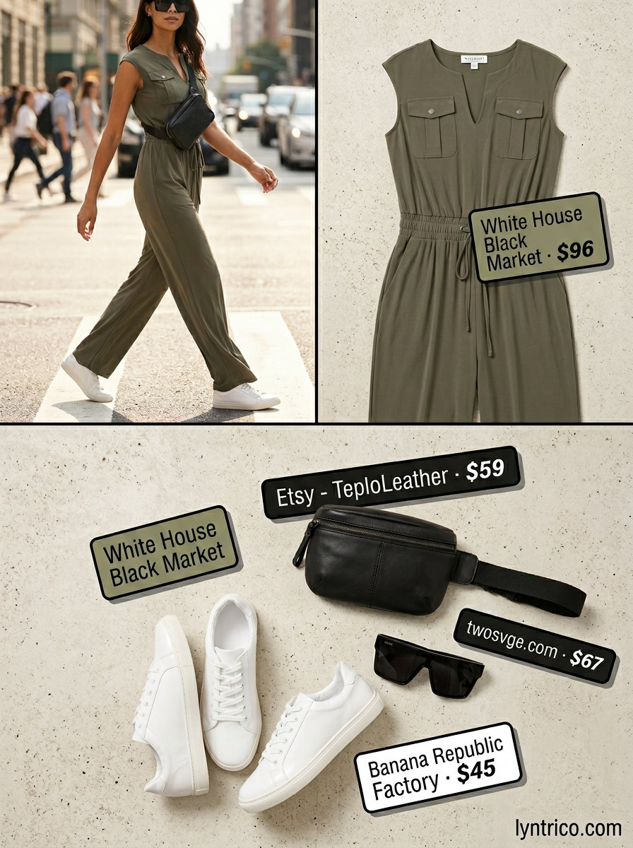 Baggy oversized summer outfit for women 2026: Khaki utility jumpsuit with white sneakers and black belt bag.