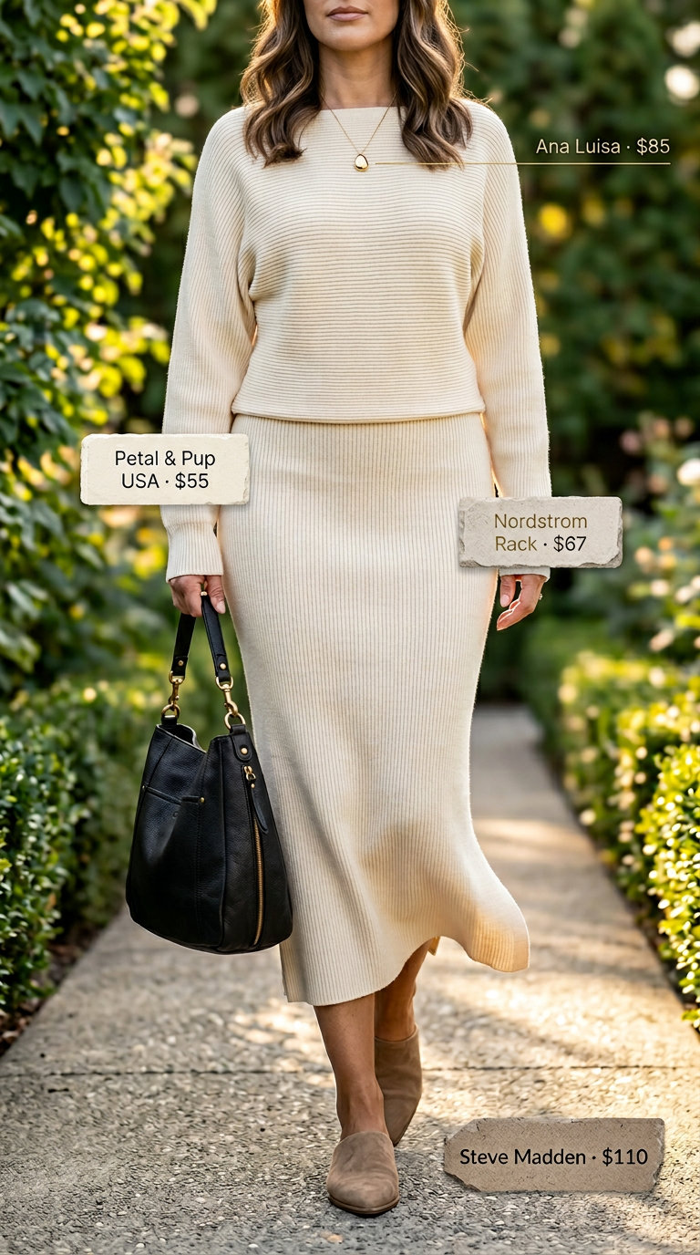 Baggy oversized summer outfit for women 2026: Cream knit dress, mules, bag & necklace for evening.