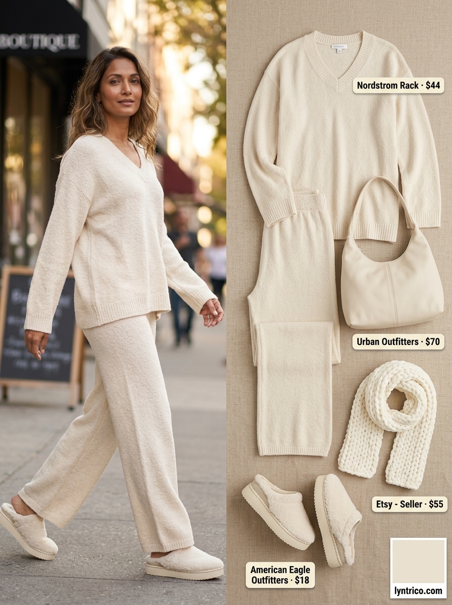 Baggy oversized summer outfit for women 2026: Knit set, scarf, slides & hobo bag for loungewear.