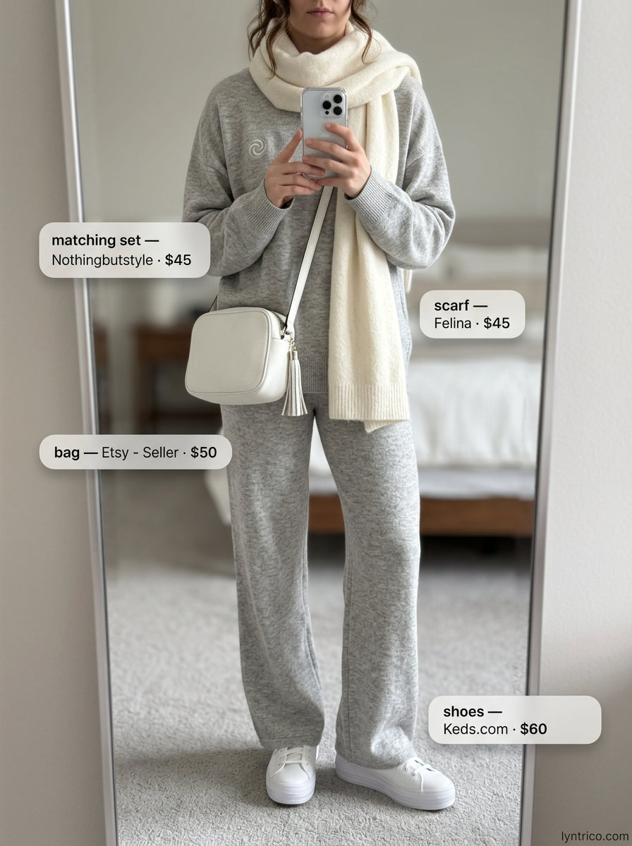 Baggy oversized summer outfit for women 2026: Grey knit set, chunky scarf, crossbody bag, and white sneakers.