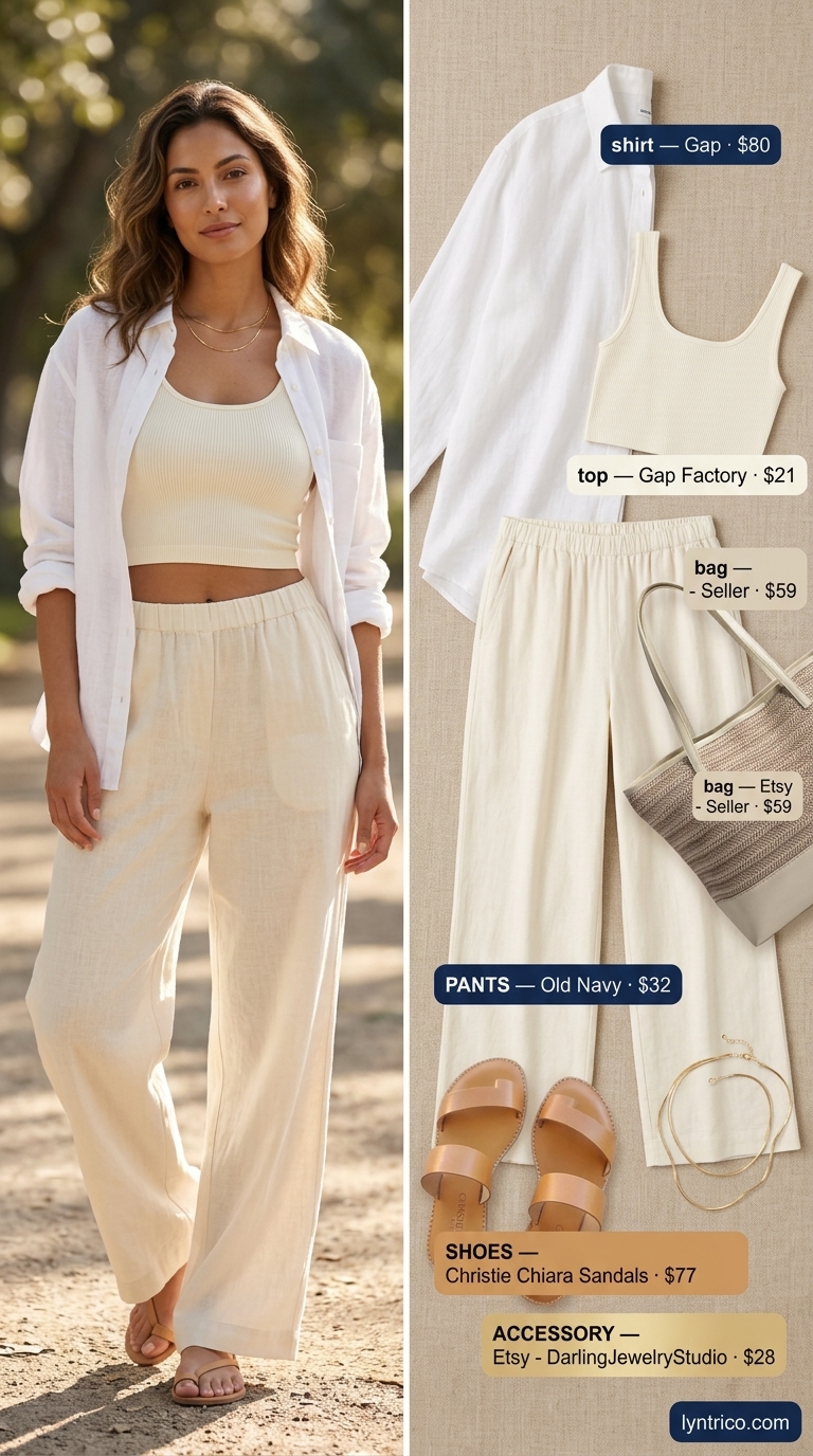 Baggy oversized summer outfit for women 2026: Linen wide-leg pants with oversized shirt, tank, and straw tote.