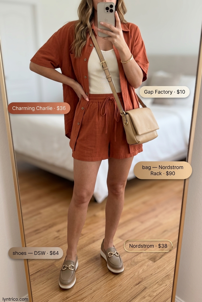 Baggy oversized summer outfit for women 2026: Linen set, tank, loafers & crossbody for weekend brunch.