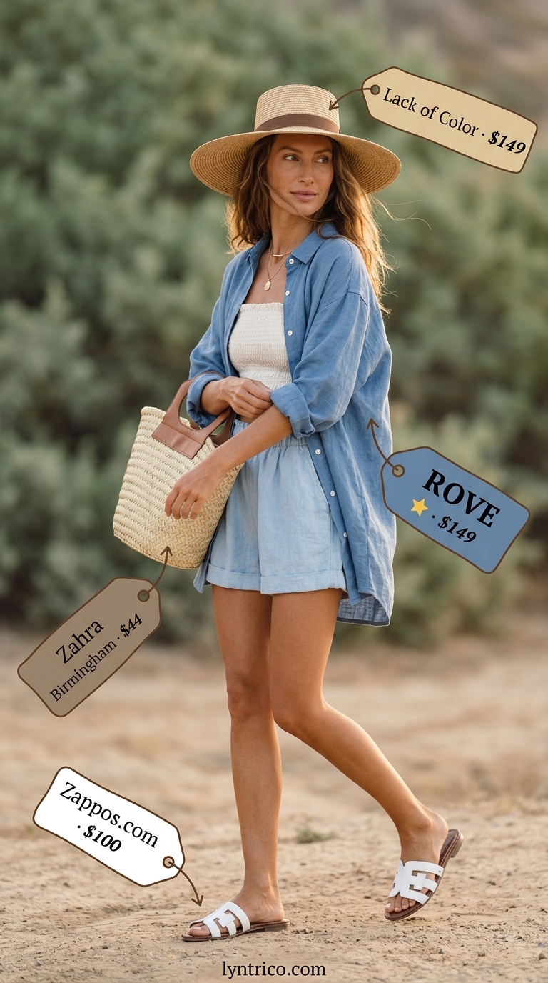 Baggy oversized summer outfit for women 2026: Light blue linen shirt, white slides, straw hat, and tote.