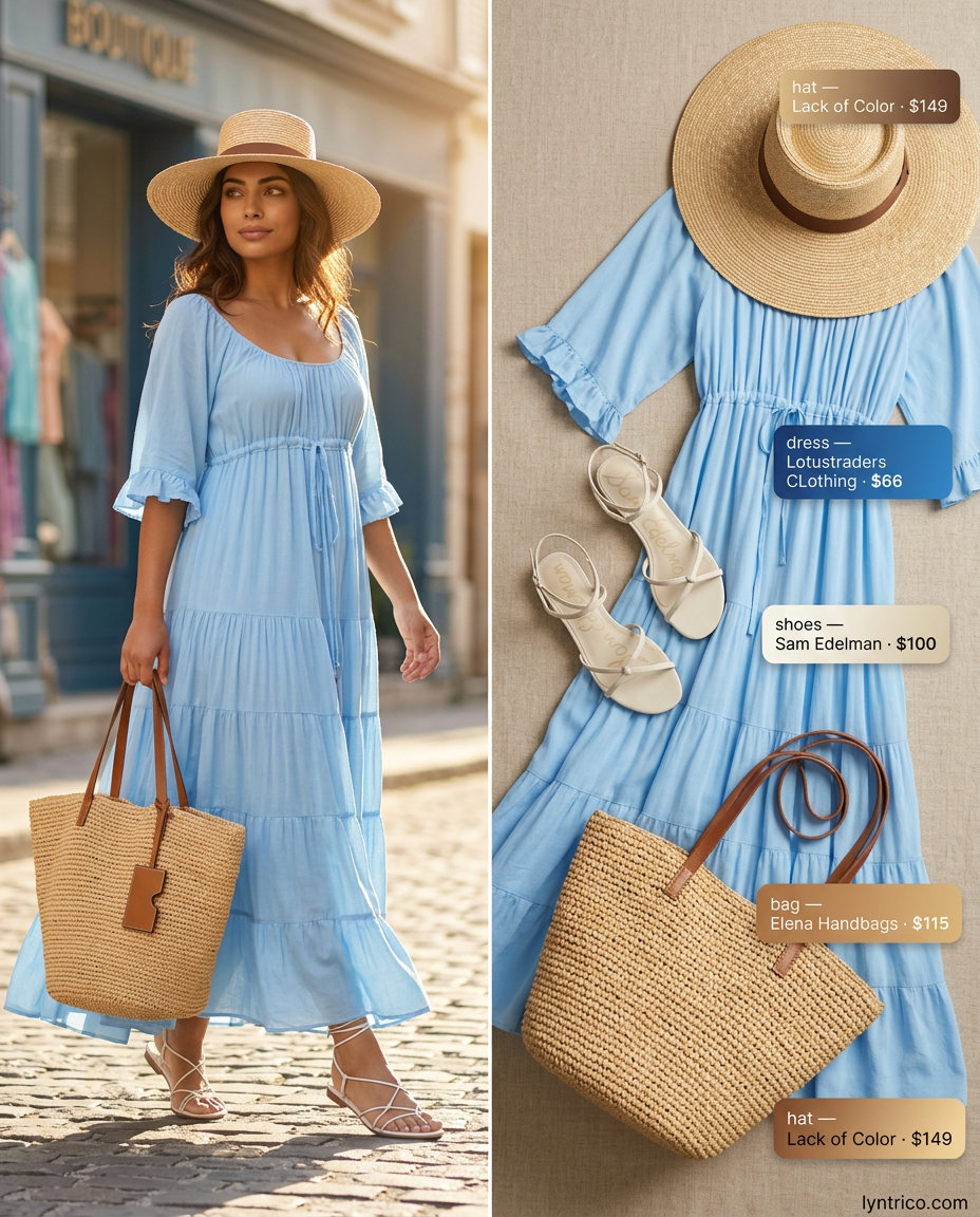 Baggy oversized summer outfit for women 2026: Flowy maxi dress, straw hat & tote for beach vacation.