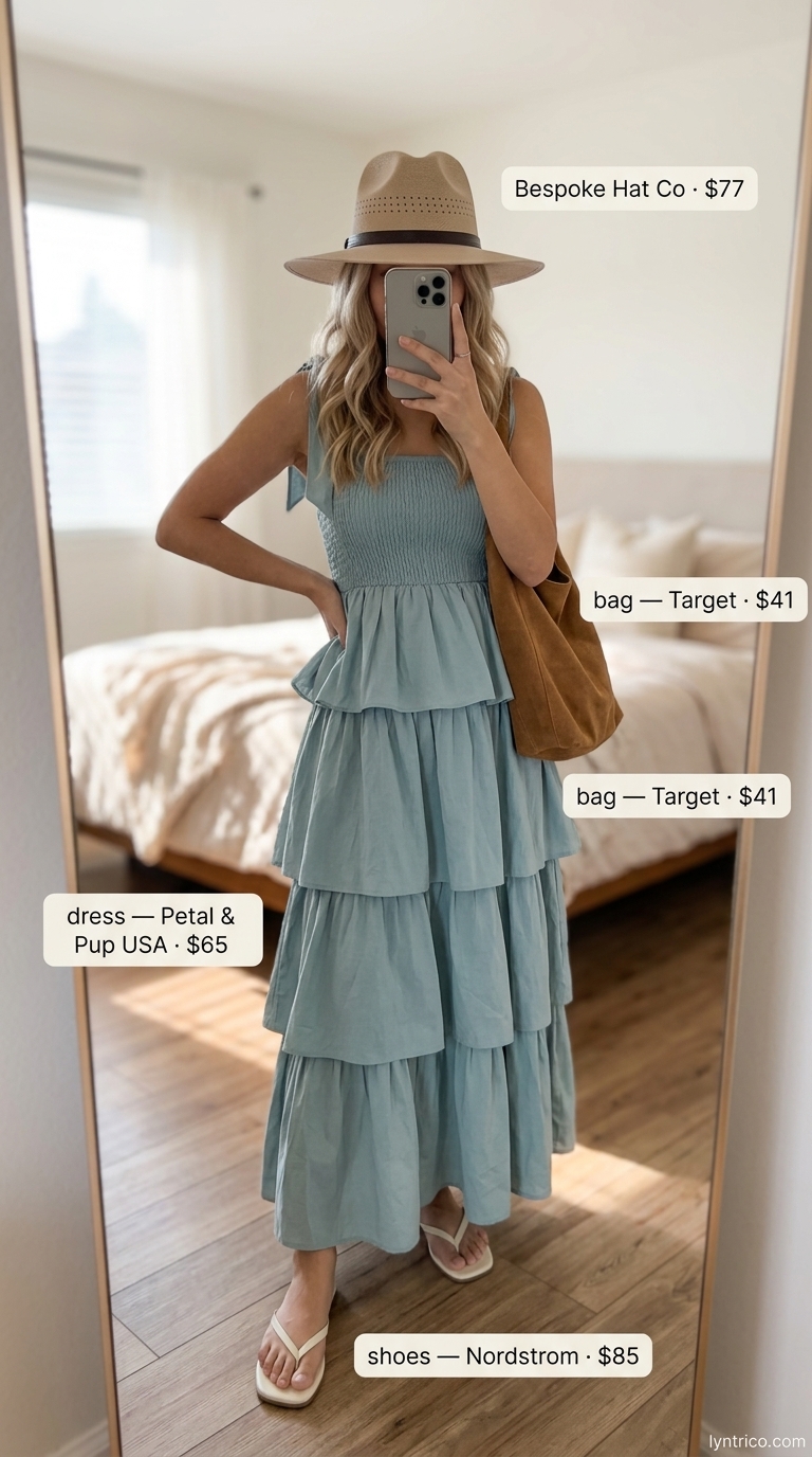 Baggy oversized summer outfit for women 2026: Dusty blue tiered maxi dress with straw hat and hobo bag.
