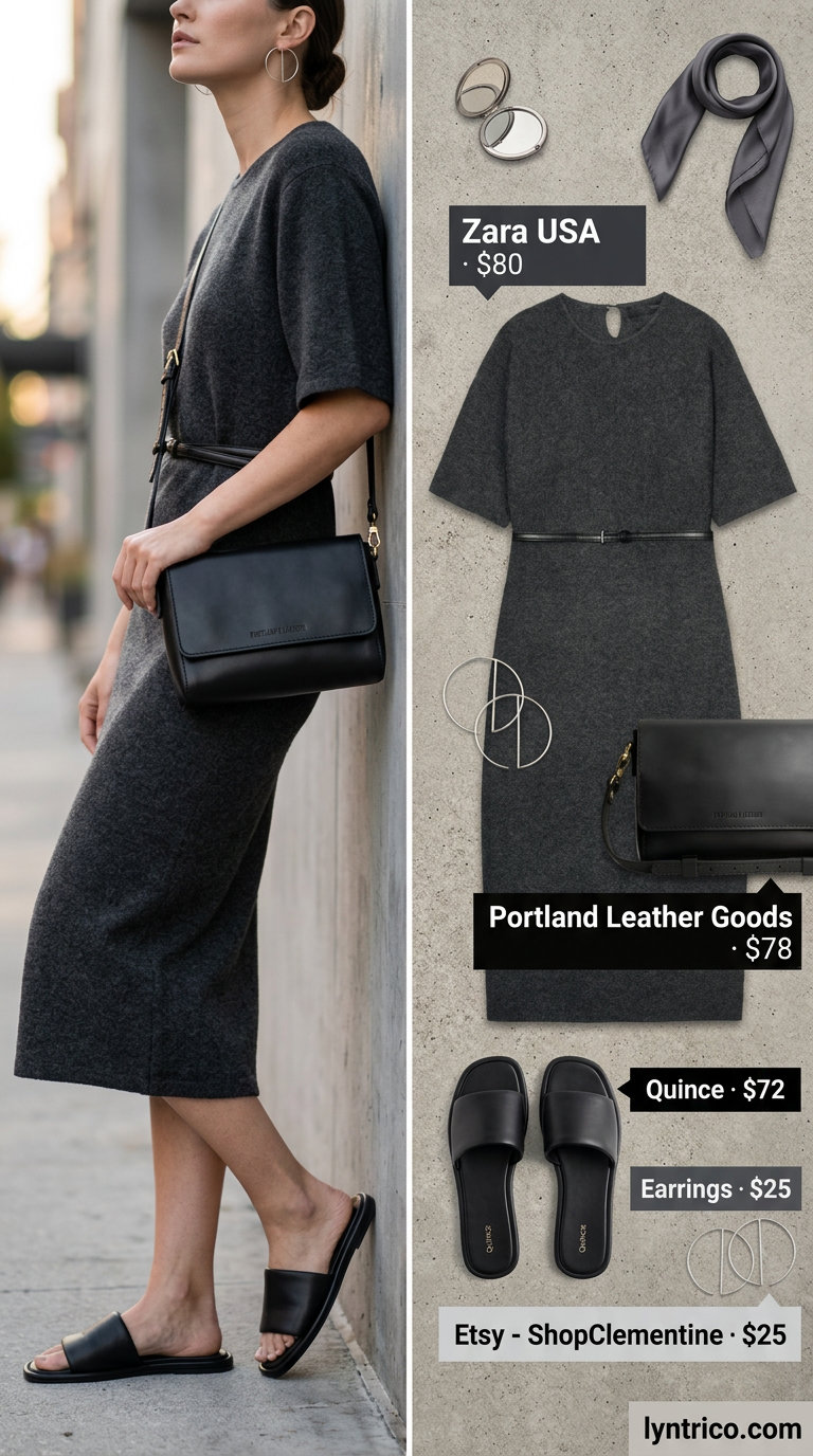 Baggy oversized summer outfit for women 2026: Charcoal midi dress, minimalist slides, crossbody bag, and silver hoops.
