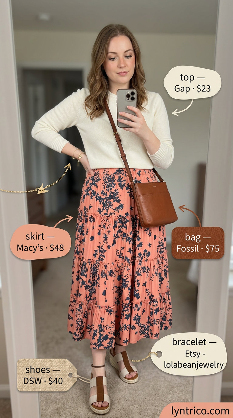 Baggy oversized summer outfit for women 2026: Coral midi skirt, cream knit sweater, espadrilles, and crossbody bag.