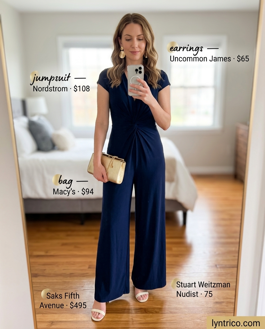 Baggy oversized summer outfit for women 2026: Navy linen wide-leg jumpsuit with block heels and gold clutch.