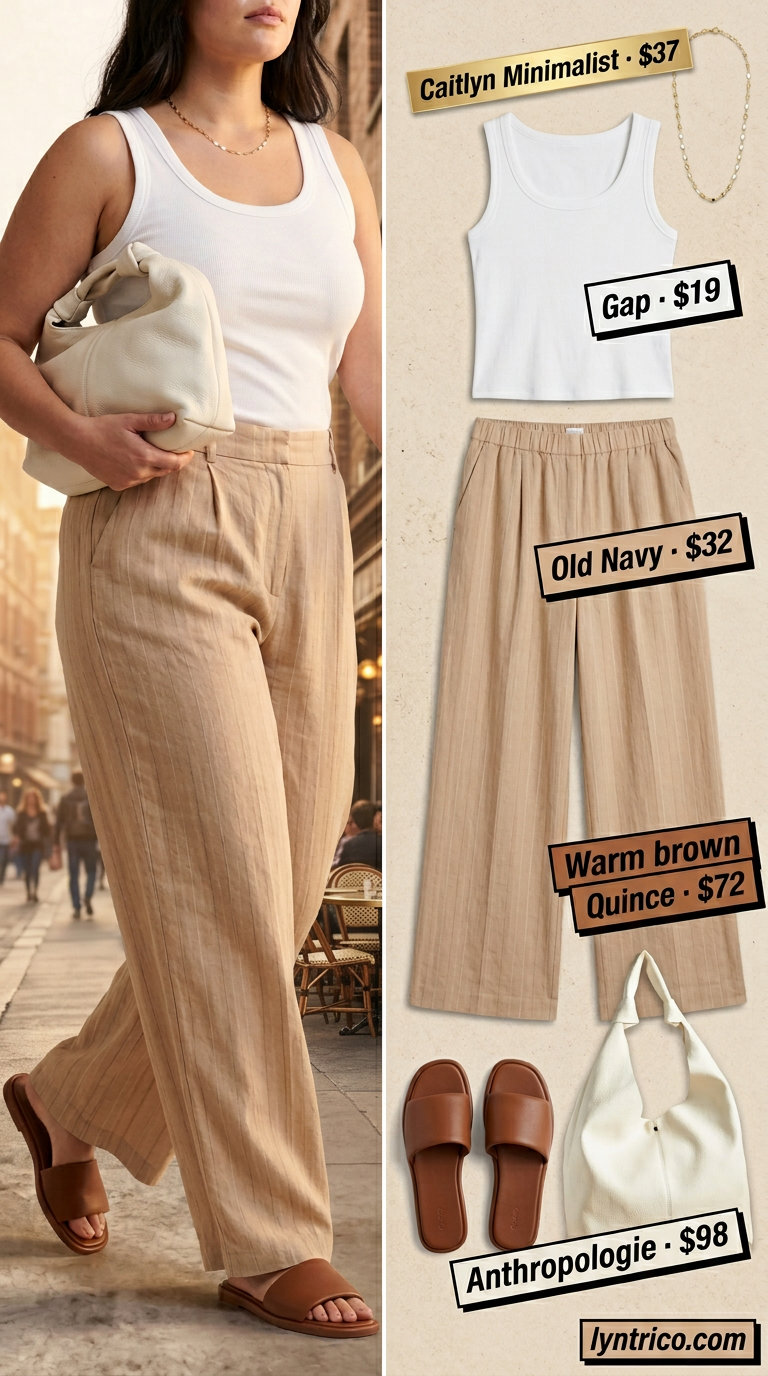 Baggy oversized summer outfit for women 2026: Oatmeal linen palazzo pants with white tank and slouchy bag.