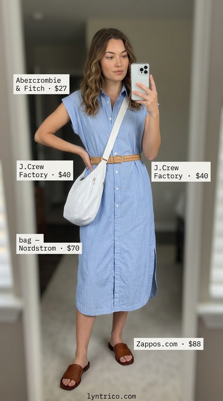 Baggy oversized summer outfit for women 2026: Light blue shirt dress, leather slides, woven belt, and crossbody bag.