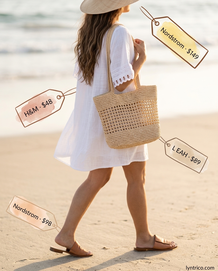 Baggy oversized summer outfit for women 2026: White tunic dress, straw hat & tote for beach cover-up.