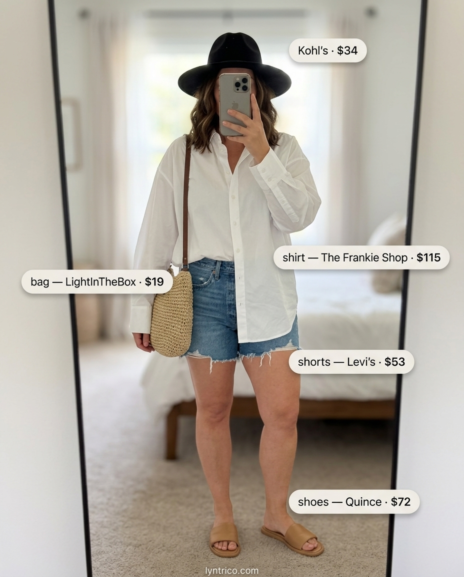 Baggy oversized summer outfit for women 2026: White shirt, denim shorts, straw hat & bag for beach cover-up.