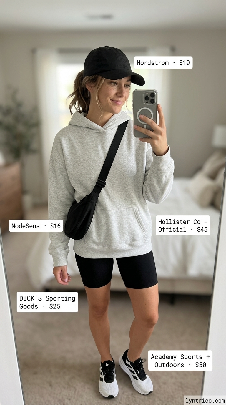 Biker shorts with oversized tee outfits summer for women 2026: Grey hoodie, black biker shorts, and athletic sneakers for athleisure.