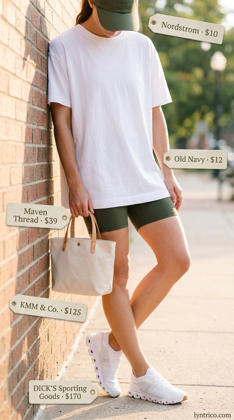 Biker shorts with oversized tee outfits summer for women 2026: Olive green biker shorts, white oversized tee, and white sneakers.