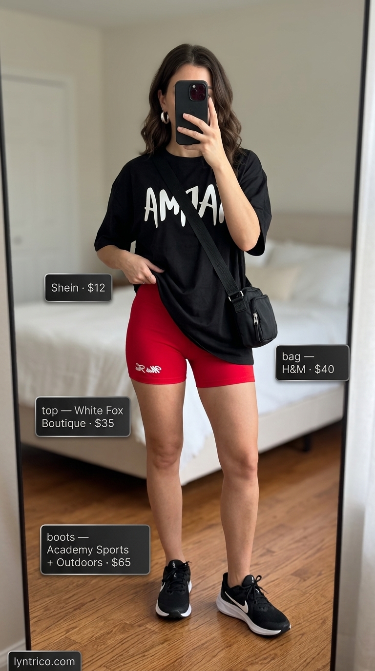 Biker shorts with oversized tee outfits summer for women 2026: Bright red biker shorts, graphic tee, and sneakers for a bold look.
