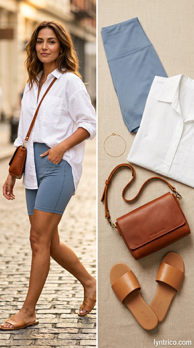 Biker shorts with oversized tee outfits summer for women 2026: Light blue biker shorts, white button-down shirt, and tan slides.