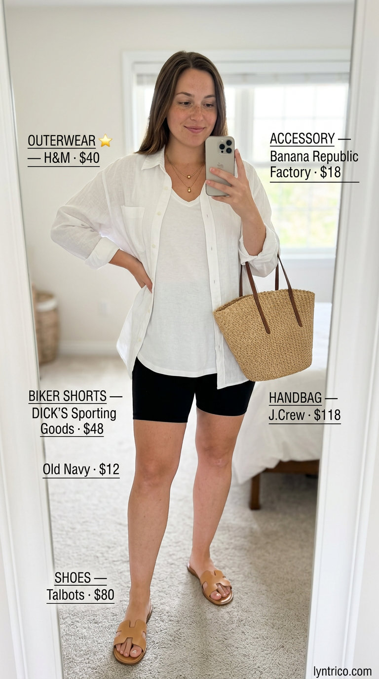 Biker shorts with oversized tee outfits summer for women 2026: Black biker shorts, white tee, and linen shirt for layering.