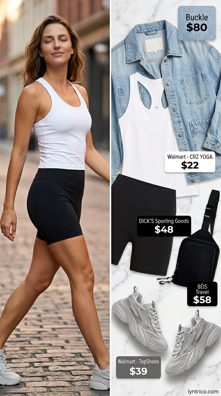 Biker shorts with oversized tee outfits summer for women 2026: Black biker shorts, white tank, and denim jacket for urban exploration.