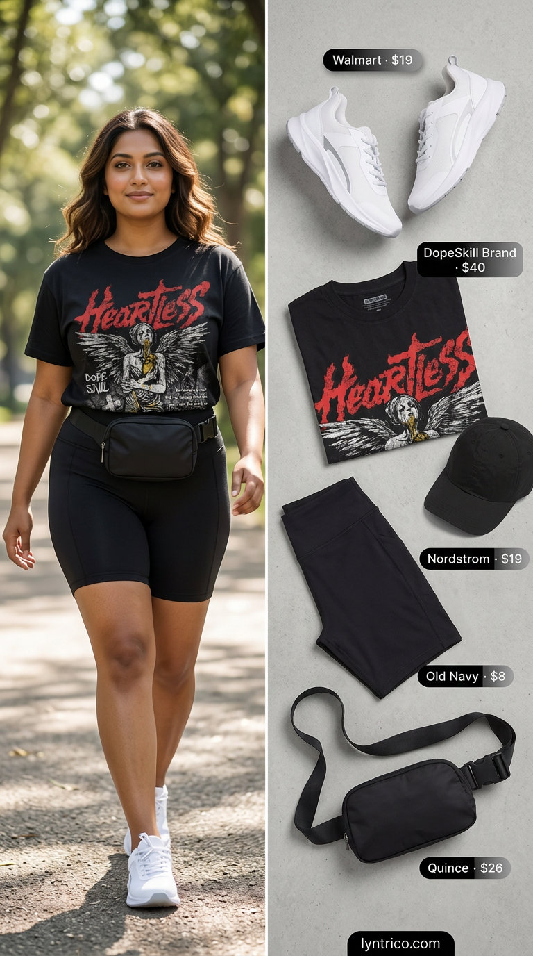 Biker shorts with oversized tee outfits summer for women 2026: Black biker shorts, vintage graphic tee, and sneakers for a weekend look.