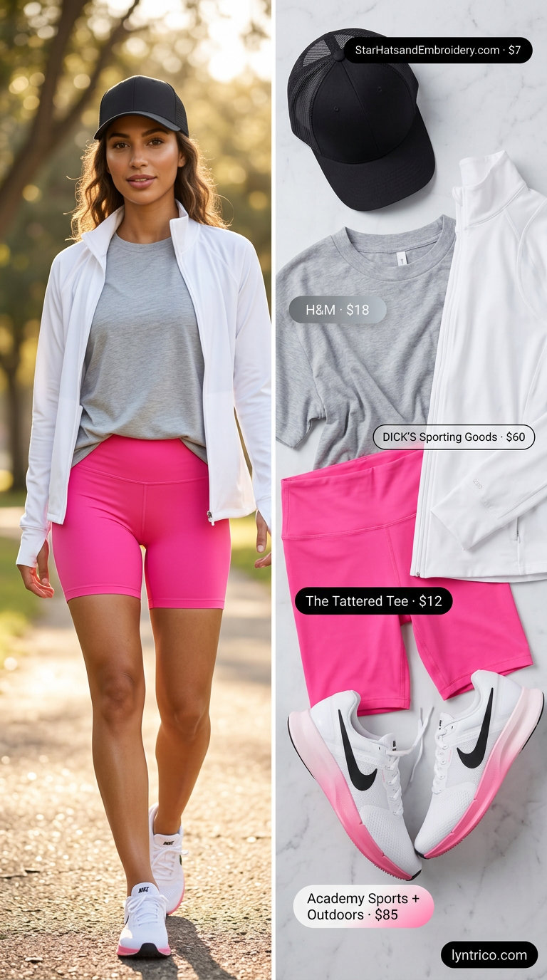 Biker shorts with oversized tee outfits summer for women 2026: Grey oversized tee, bright pink biker shorts, zip-up jacket, sneakers.
