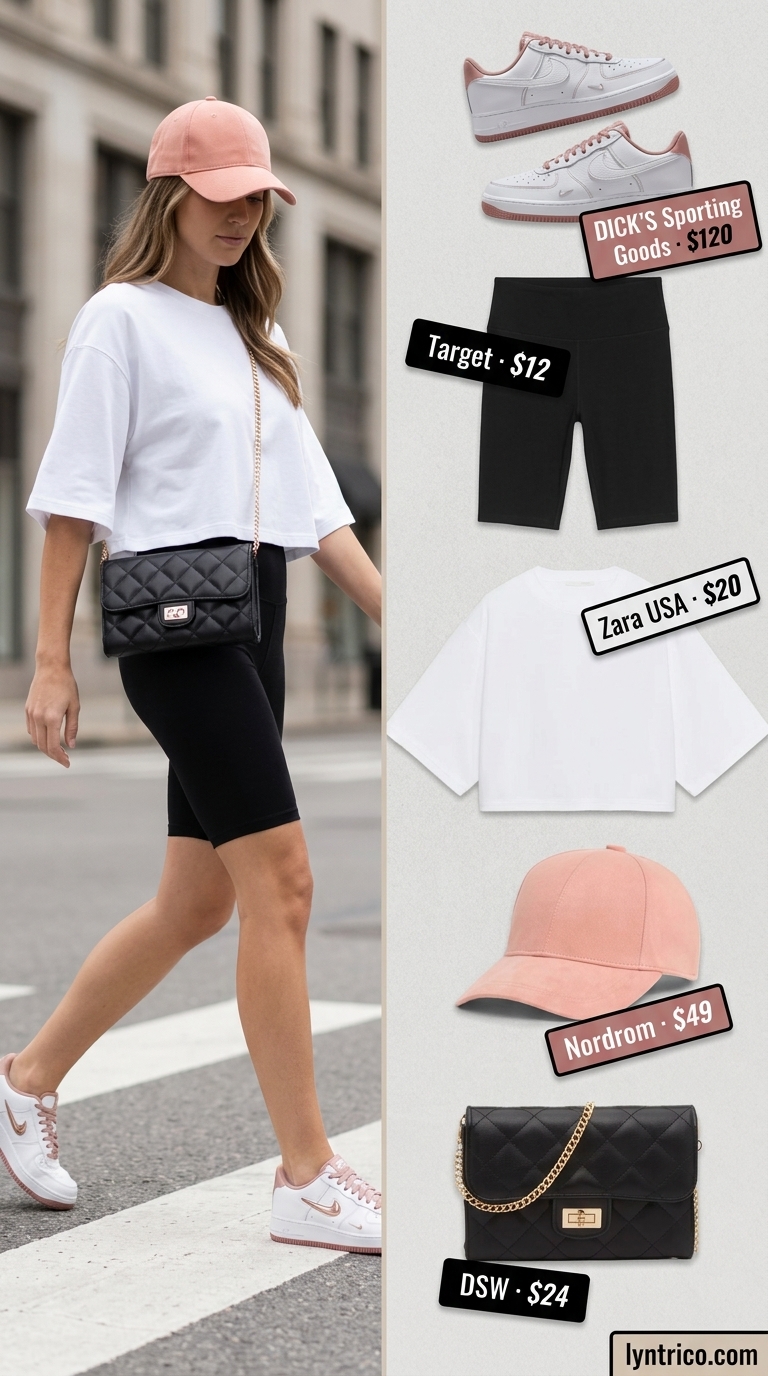 Biker shorts with oversized tee outfits summer for women 2026: White cropped tee, black biker shorts, coral cap, lifestyle sneakers.