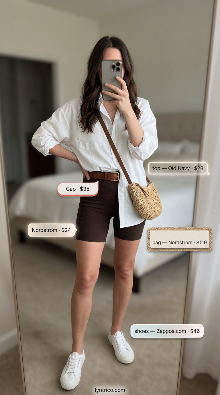 White oversized button-down shirt with black biker shorts, sneakers, and straw bag for biker shorts with oversized tee outfits summer for women 2026.