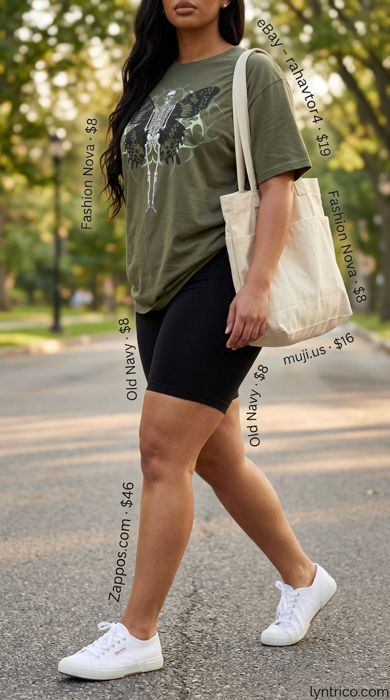 Biker shorts with oversized tee outfits summer for women 2026: Olive green graphic tee, black biker shorts, canvas tote, canvas sneakers.