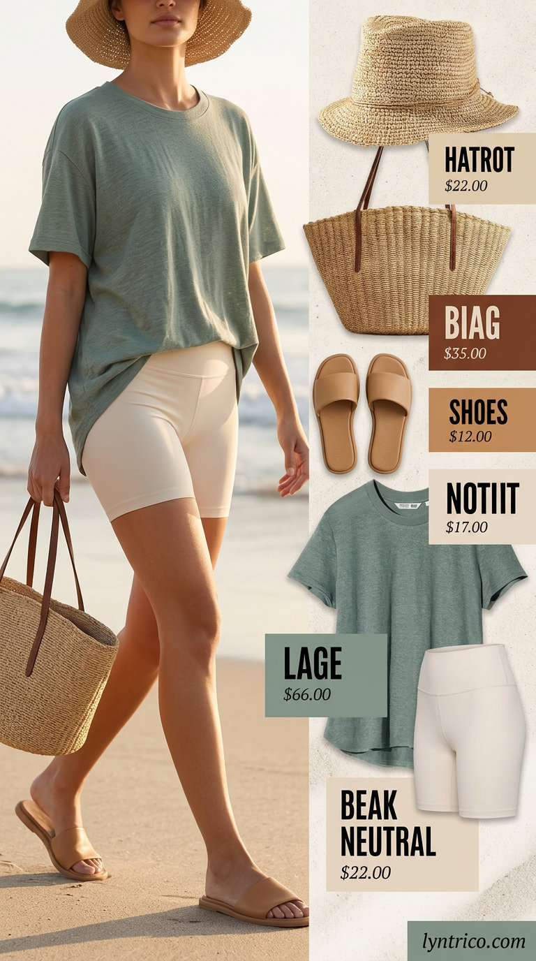 Sage green oversized tee with cream biker shorts, straw hat, and slides for biker shorts with oversized tee outfits summer for women 2026.