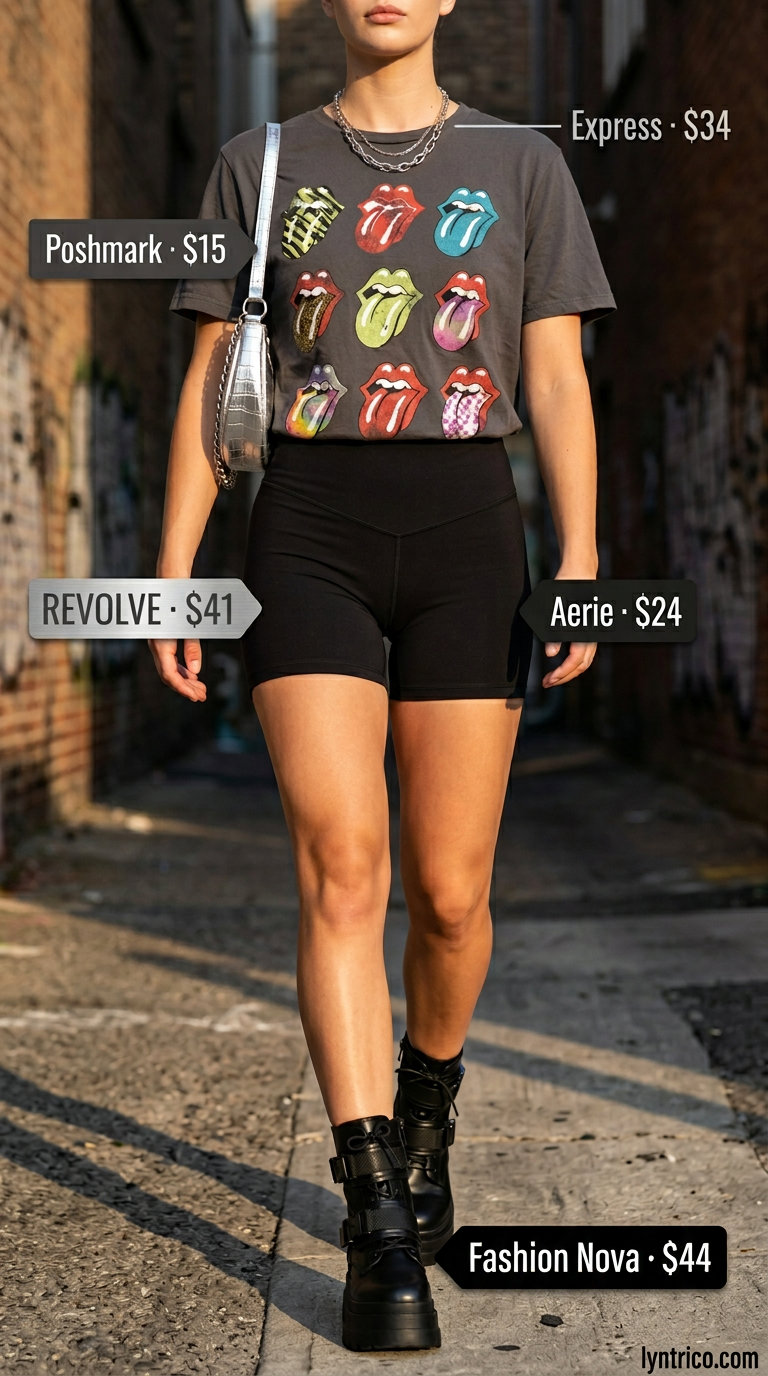 Biker shorts with oversized tee outfits summer for women 2026: Grey band tee, black biker shorts, silver necklace, combat boots, crossbody bag.