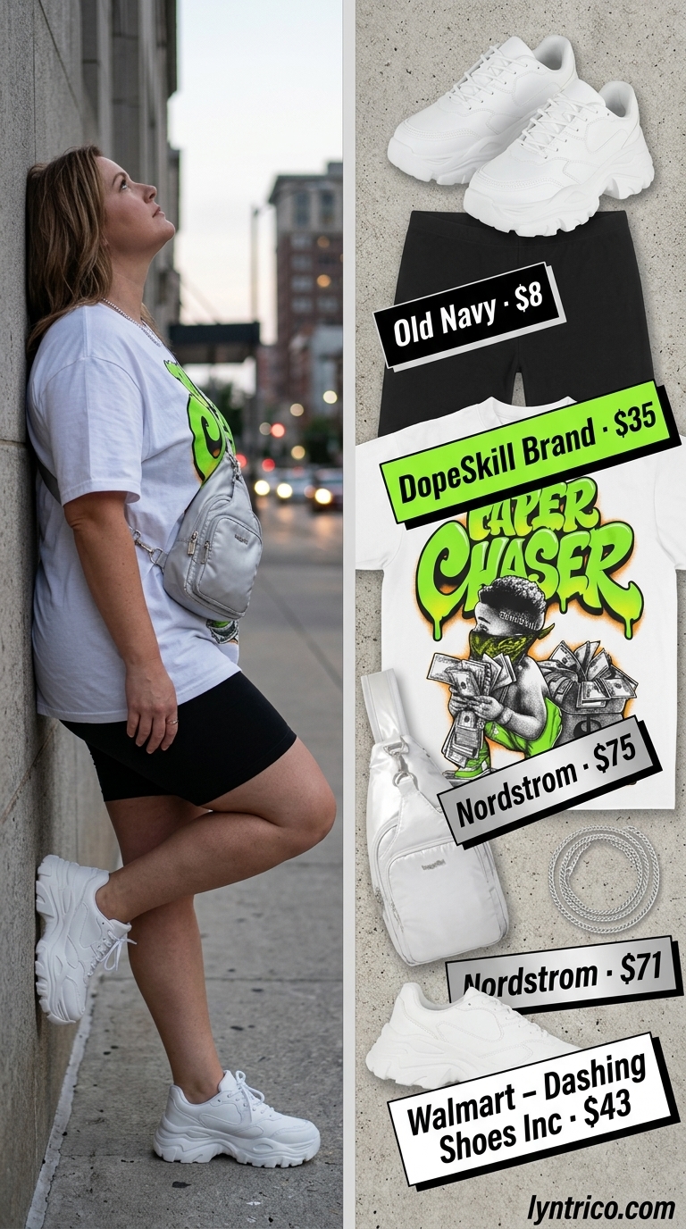 Biker shorts with oversized tee outfits summer for women 2026: Neon graphic tee, black biker shorts, chunky sneakers, belt bag.