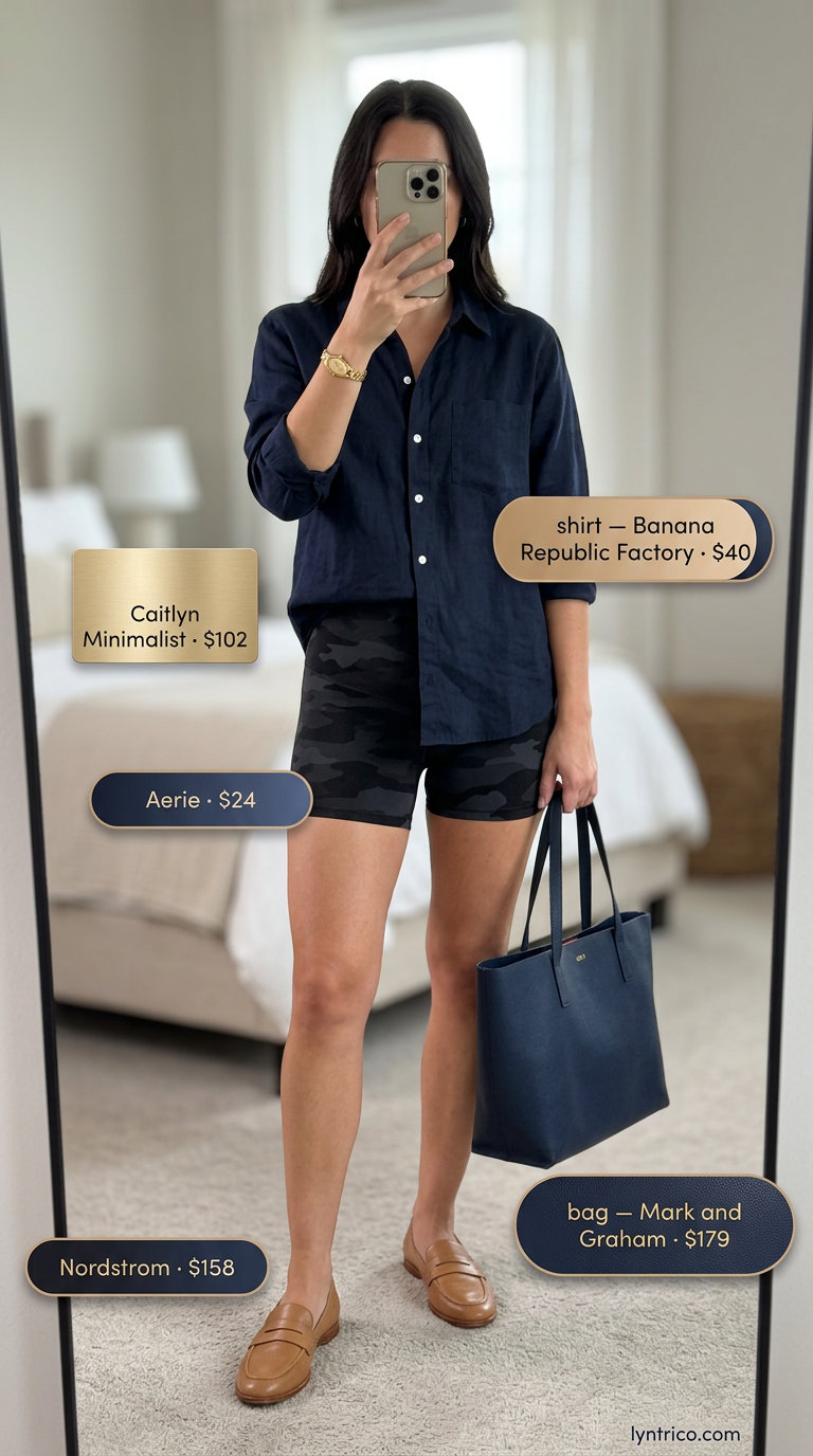 Navy oversized button-down shirt with black biker shorts, loafers, and tan tote for biker shorts with oversized tee outfits summer for women 2026.