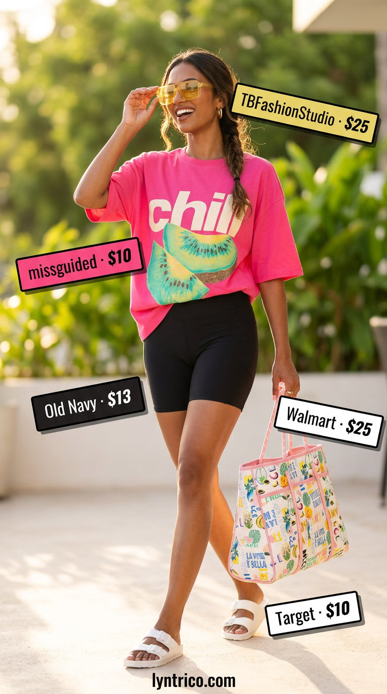 Biker shorts with oversized tee outfits summer for women 2026: Hot pink graphic tee, black biker shorts, yellow sunglasses, white tote.