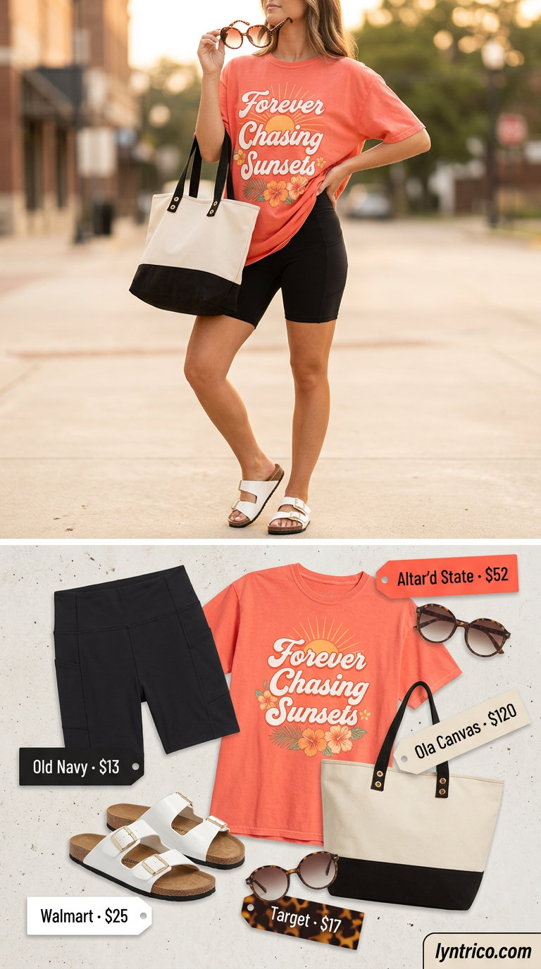 Biker shorts with oversized tee outfits summer for women 2026: Sunset graphic tee, black biker shorts, tortoiseshell sunglasses, canvas tote.