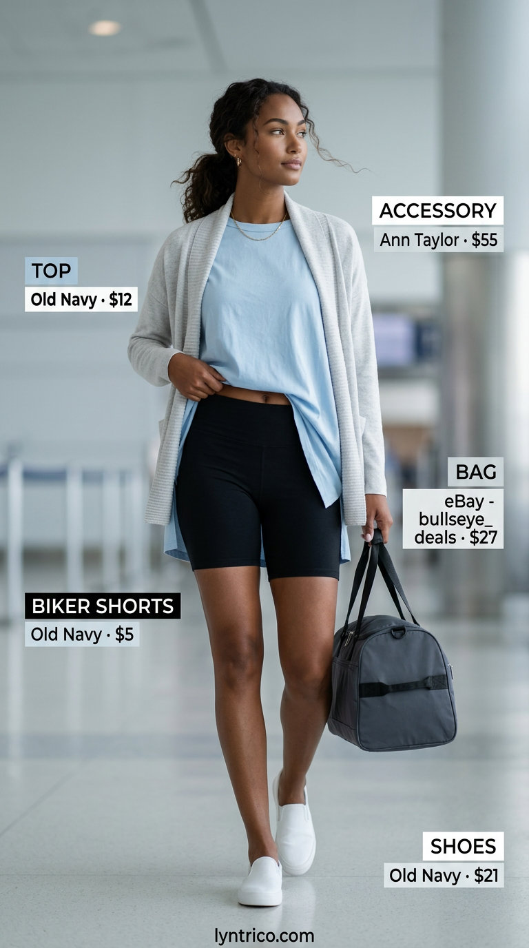Sky blue oversized tee with black biker shorts and white sneakers for biker shorts with oversized tee outfits summer for women 2026.