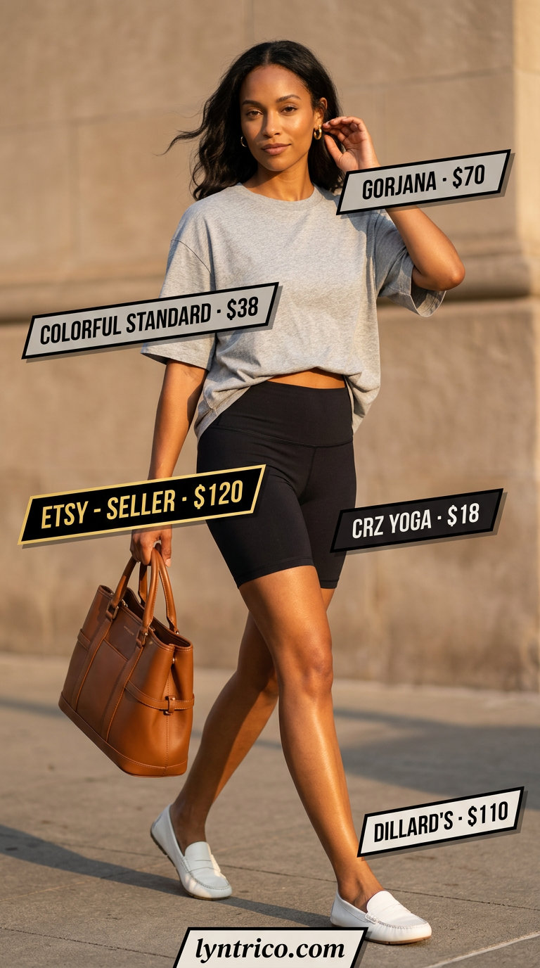 Grey oversized tee with black biker shorts, tan tote bag, and loafers for biker shorts with oversized tee outfits summer for women 2026.