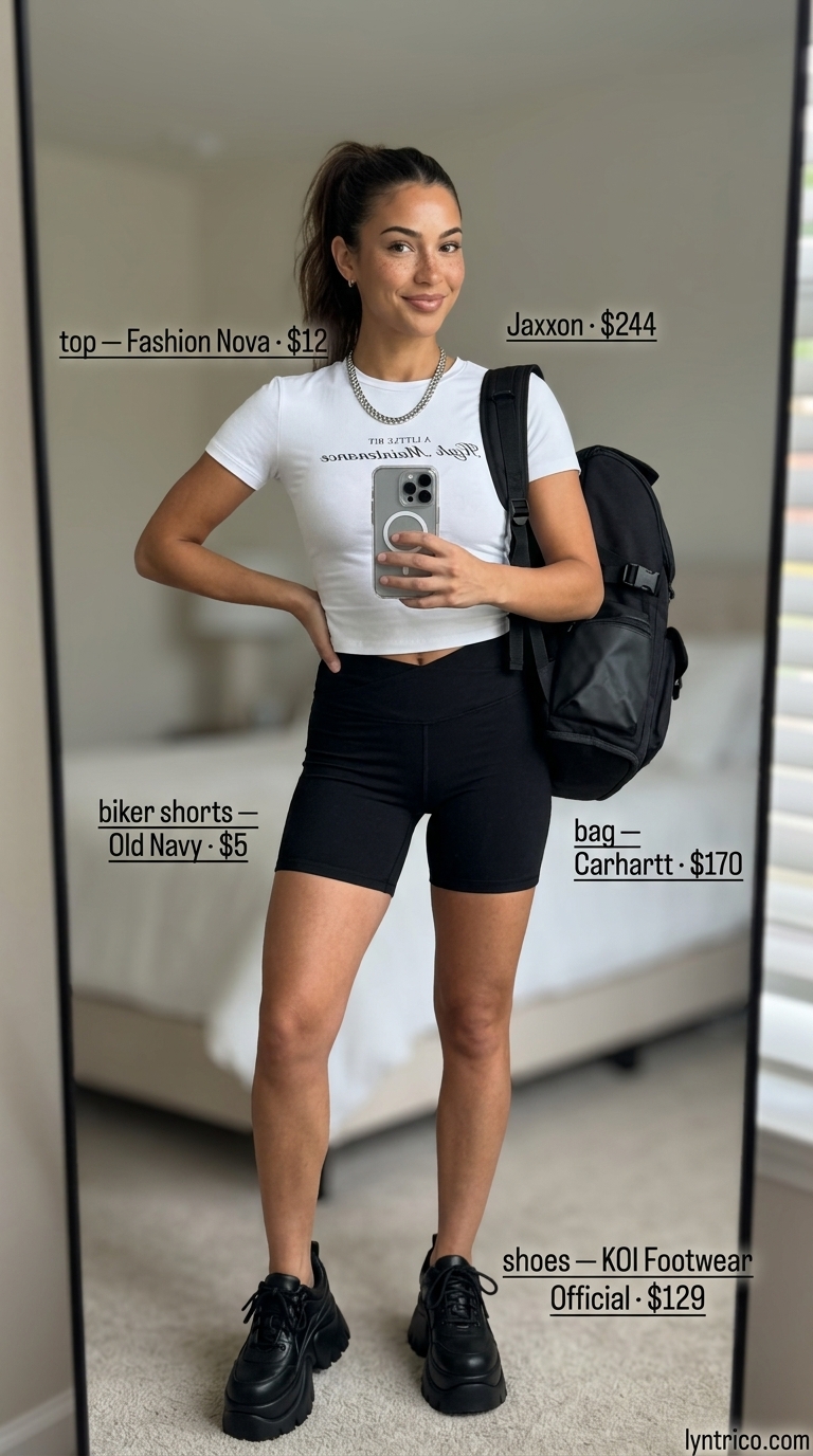 Khaki oversized tee with black biker shorts, graphic tee, and platform sneakers for biker shorts with oversized tee outfits summer for women 2026.