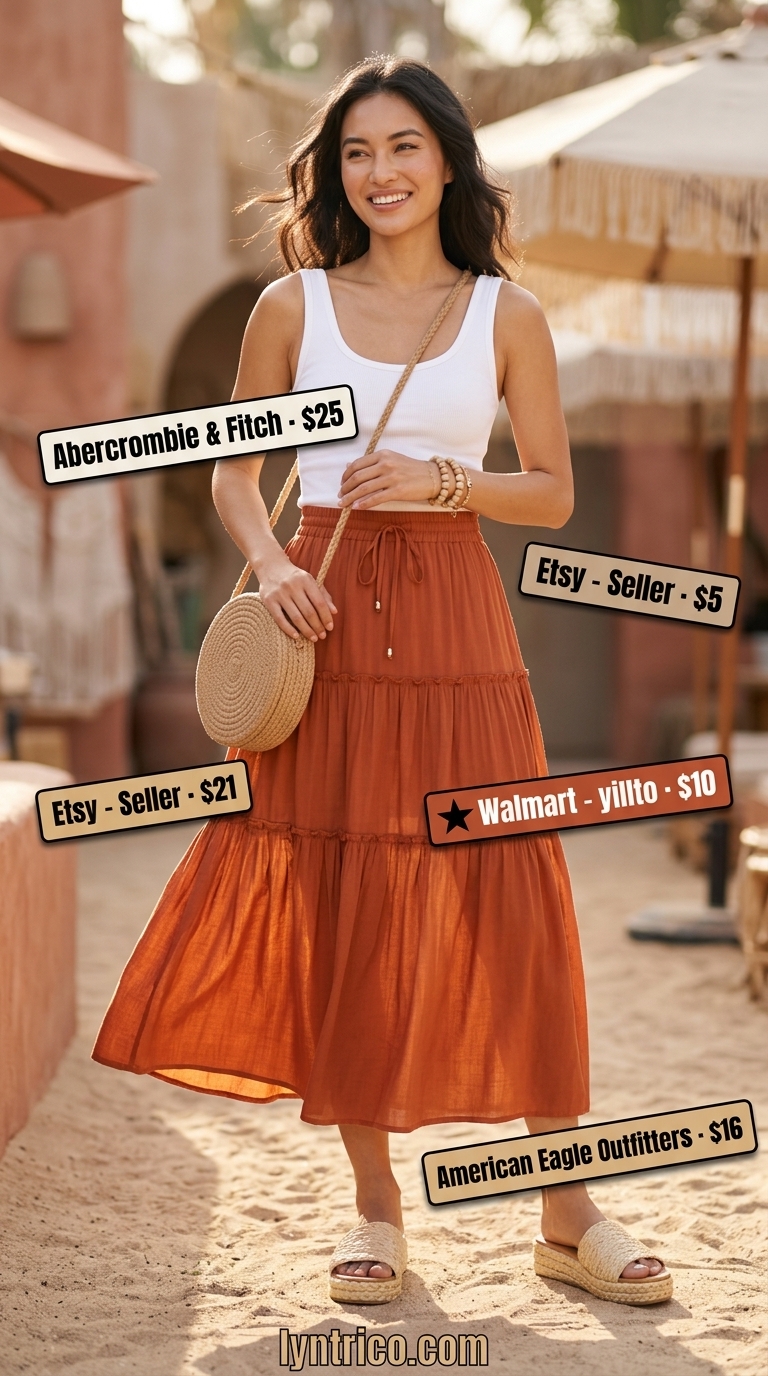 Boho Beach Club Summer Style 2026 Boho beach club outfit inspo summer for women 2026: Terracotta skirt, white tank, straw bag, raffia slides.