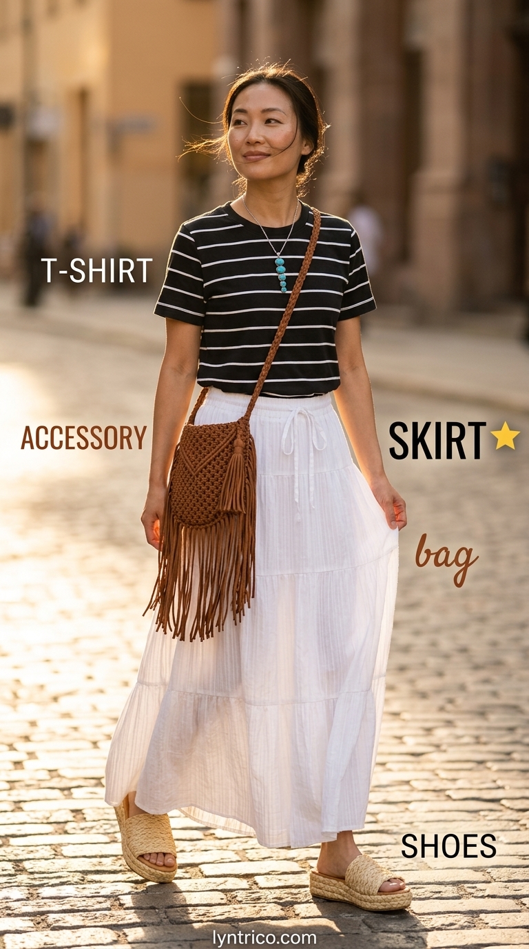 Boho Maxi Skirt Summer Outfit 2026 Boho maxi skirt outfit for women 2026: Ecru maxi skirt, white tank, espadrilles, macrame bag.