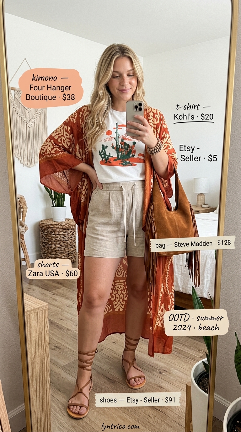 Boho Summer Kimono Outfit 2026 Boho summer outfit for women 2026: White graphic tee, linen shorts, kimono, gladiator sandals.
