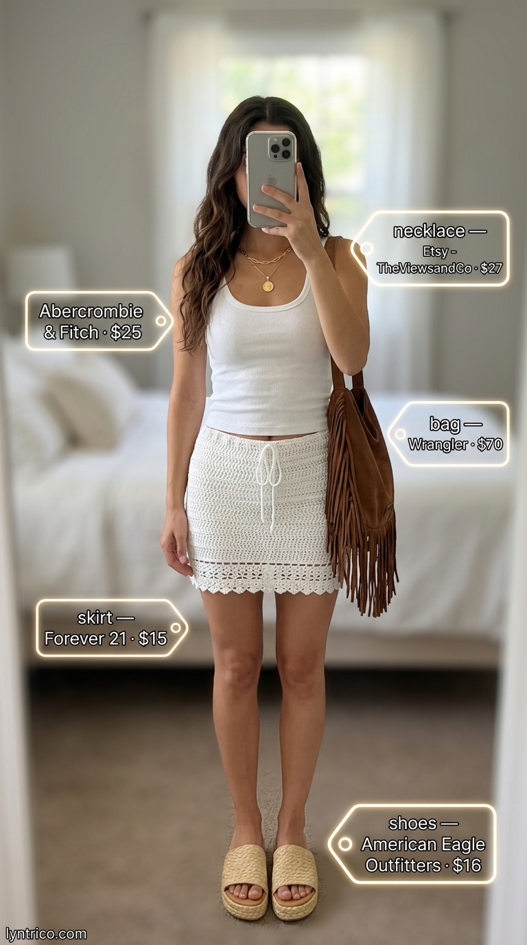 Boho Summer Outfit Inspo 2026 Boho sunset outfit inspo summer for women 2026: Cream crochet skirt, tank, gold necklaces, espadrilles, fringed bag.